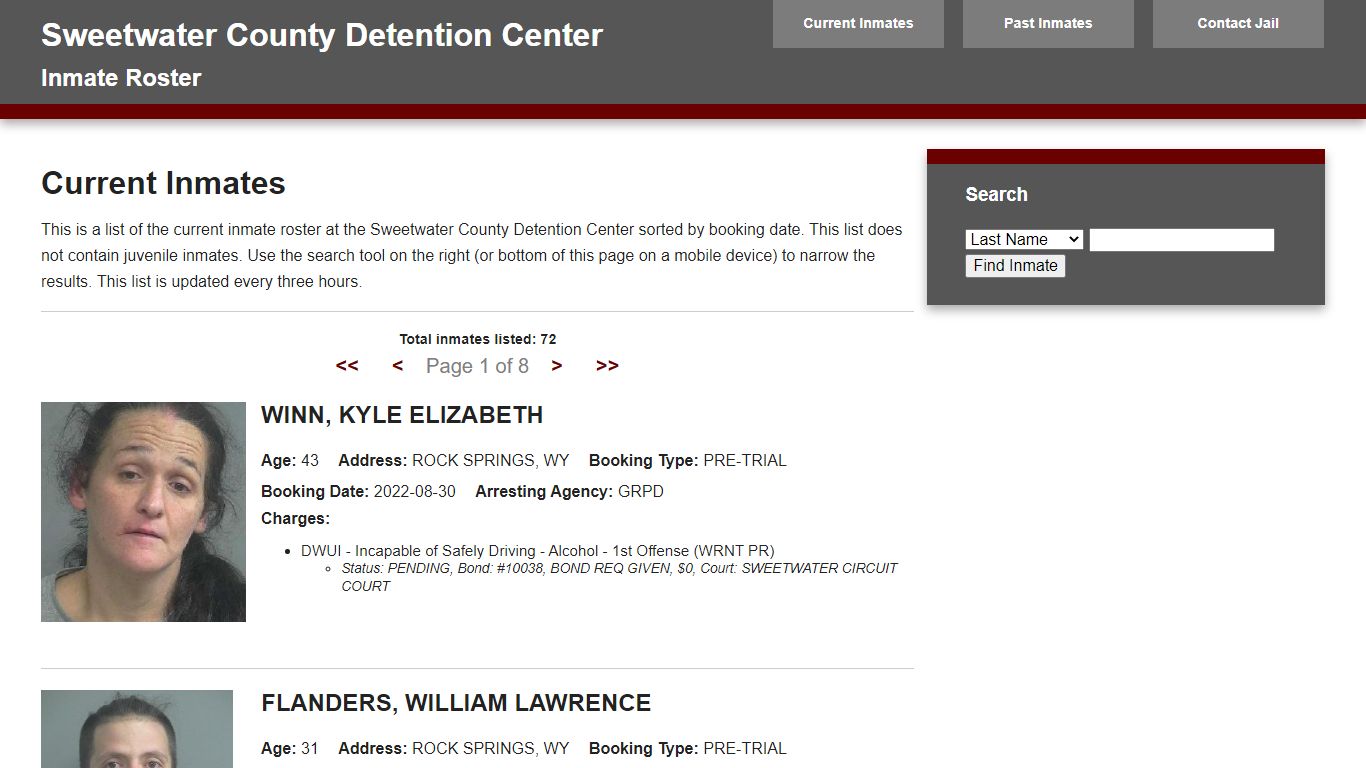 Jail Roster - Sweetwater Combined Communications Joint Powers Board